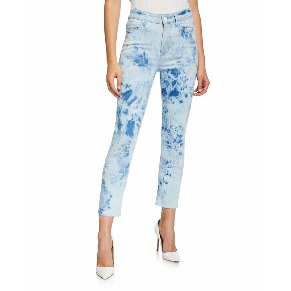 New Paige Jeans Womens Hoxton Slim Crop Indigo Tie-Dye Jeans Raw Hem Size 27